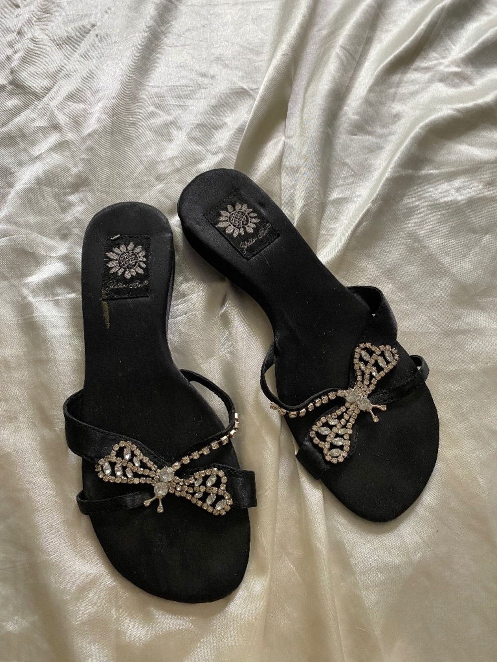 Vintage y2k Black Satin Crystal Dragonfly Sandals Size 6.5 Fairycore
